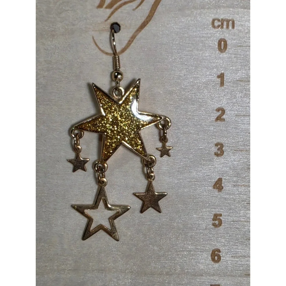 Vintage JJ Jonette Jewelry Gold Tone Celestial Glitter Star Dangle Earrings